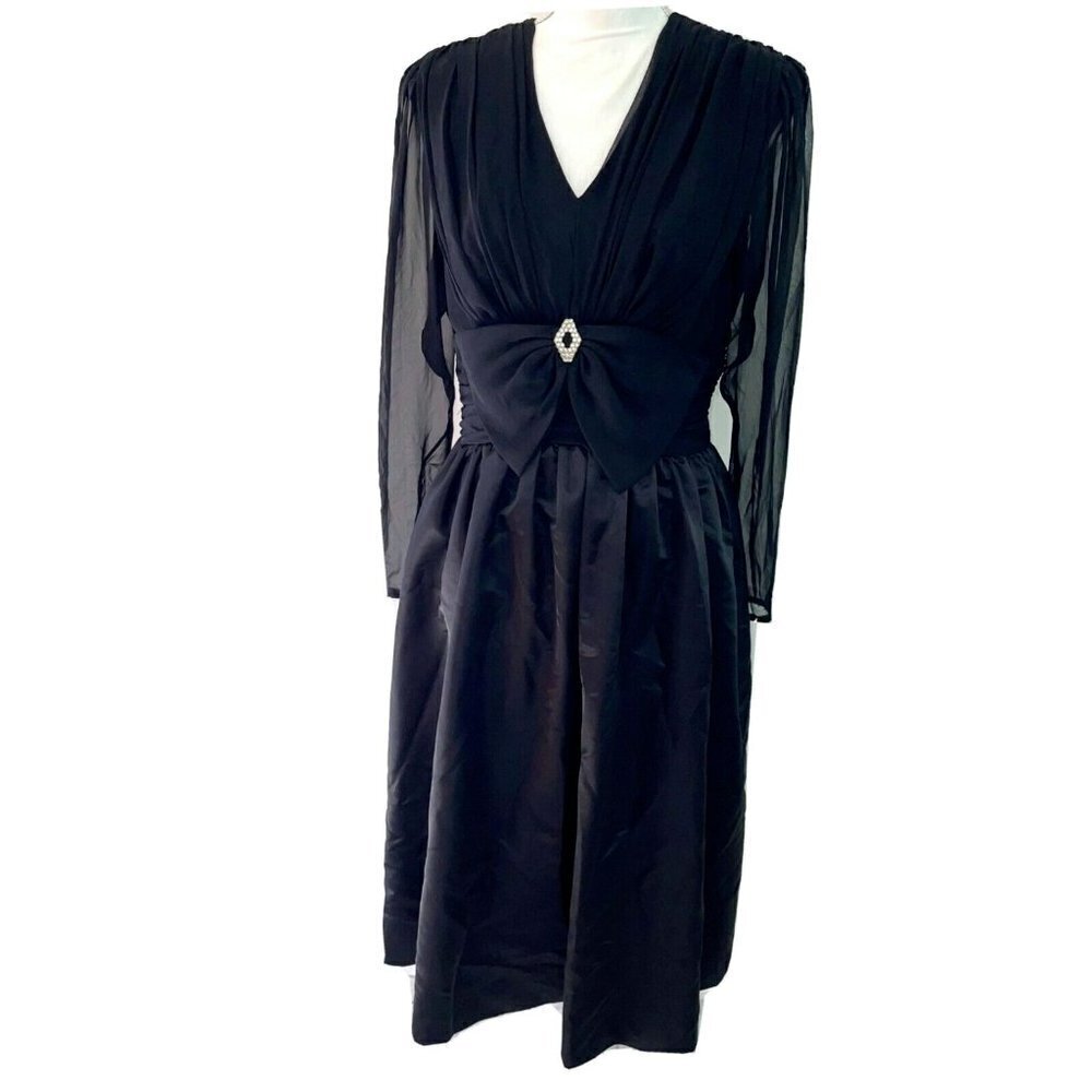 Ann Hobbs For Kastina Dress Womens Size 10 Satin Chiffon Bow Front V Neck Black